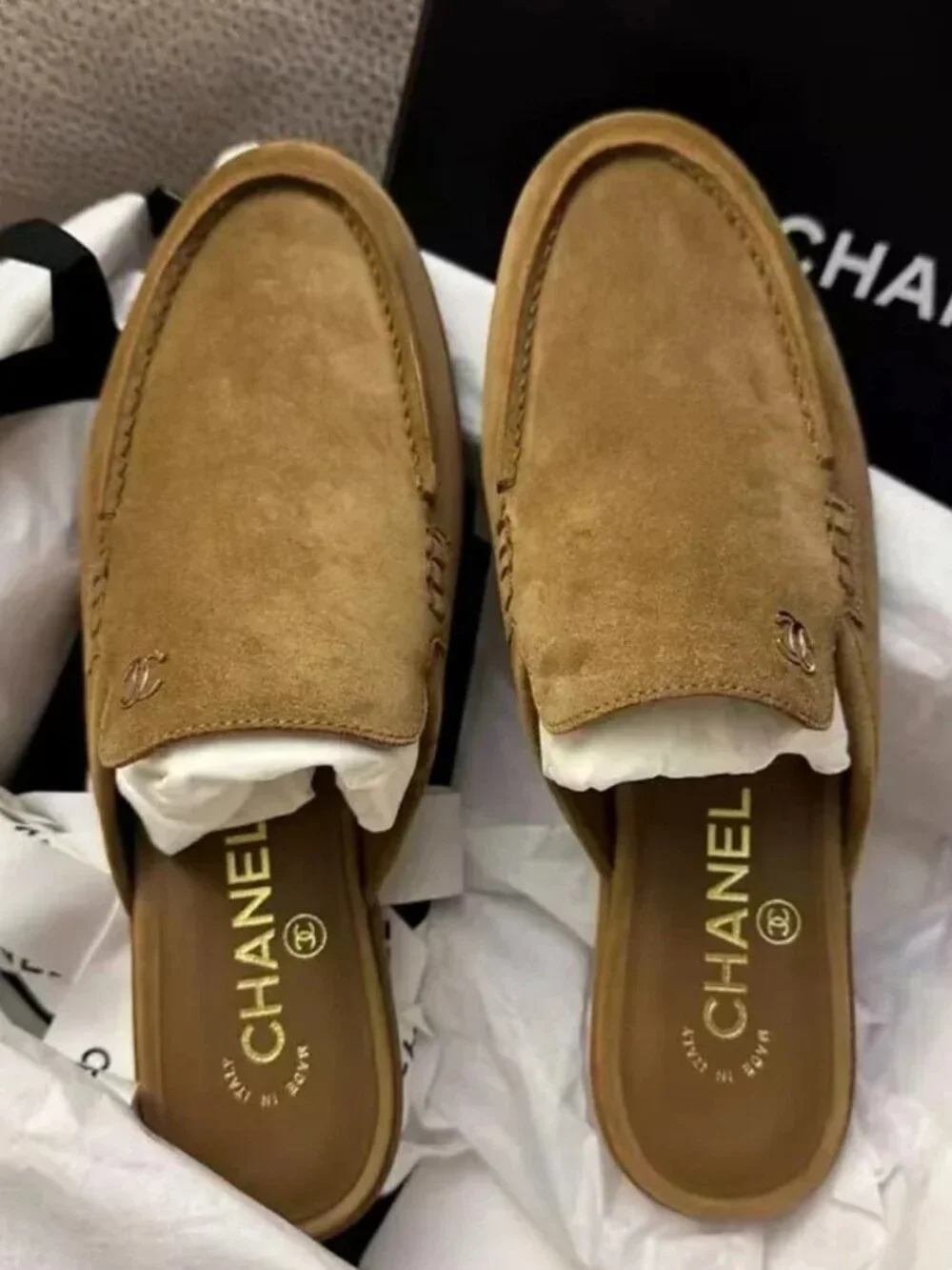 Chanel Tan Suede CC Logo Backless Loafer Mules